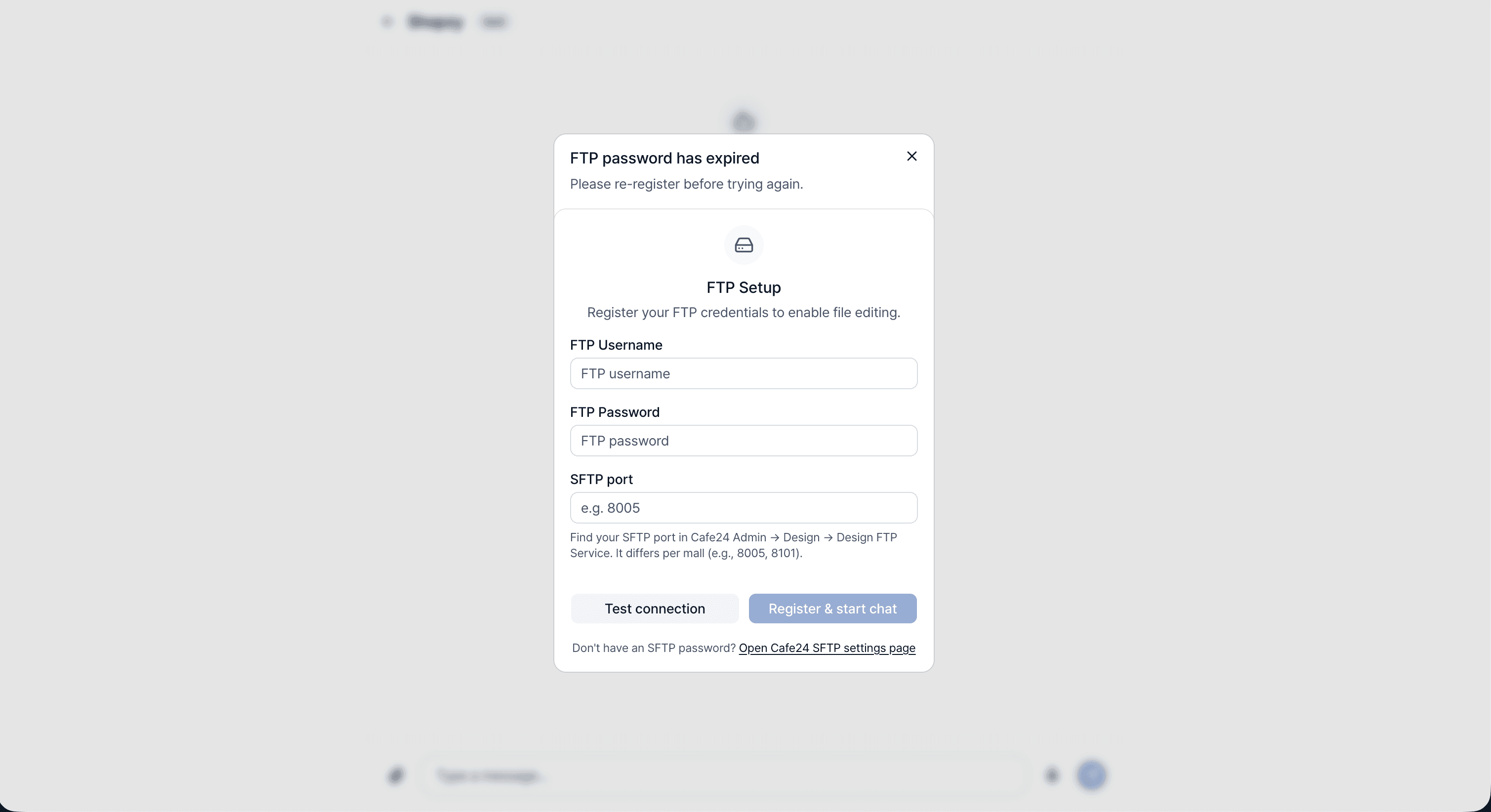 Shopzy FTP registration modal — username, password, and SFTP port fields